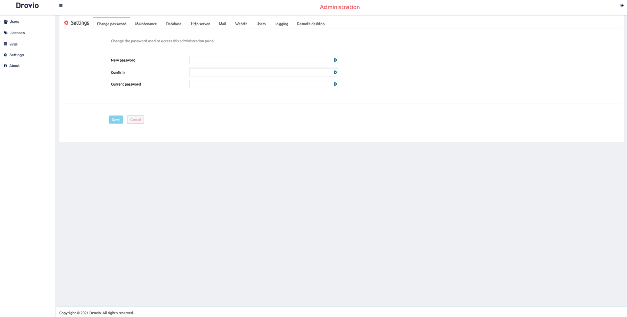Drovio Server administration panel: settings